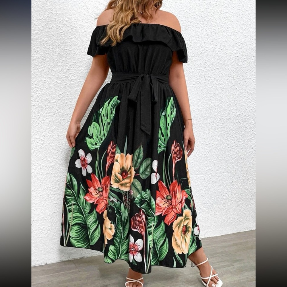 Plus size floral print off shoulder belted ruffle trim maxi dress - Picture 4 of 8